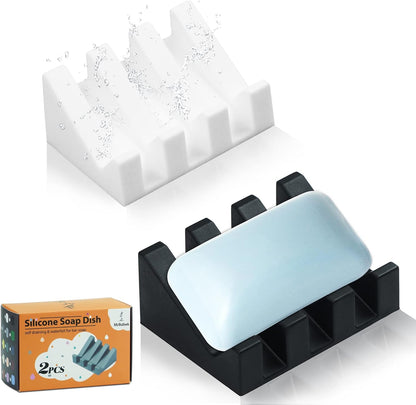 Self Draining Silicone Soap Dish Holder Waterfall Tray, 2 Pack Black | Waterfall design drains fast to keep soap dry, non-slip silicone base anti slide, soap saver for bathroom & kitchen