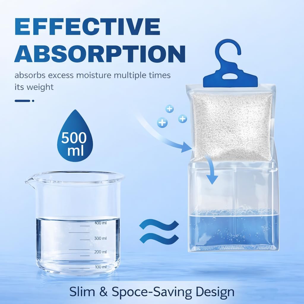 Humidi Free Hanging Dehumidifier Bags-4 Pack, Moisture Absorber for Closet, Bathroom & Basement, Humidity Control Hanging Bags, Fragrance-Free, Space Saving Design