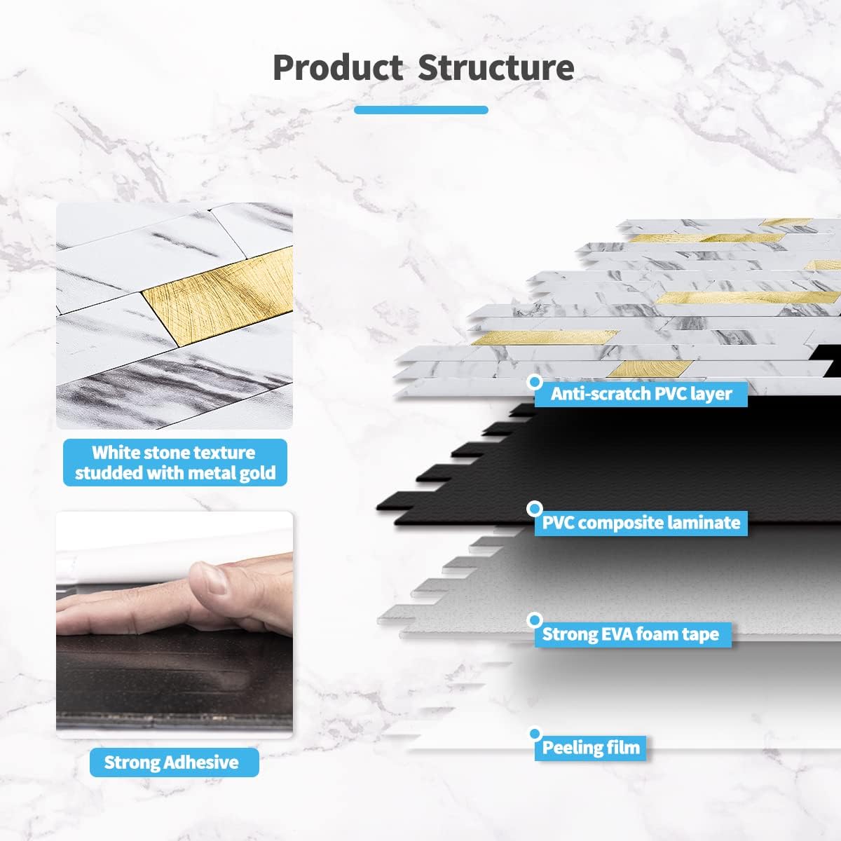 Art3d 10-Sheet Peel and Stick Backsplash Tile for Kitchen Bathroom Fireplace Laundry Room in White Slate with Gold Studded