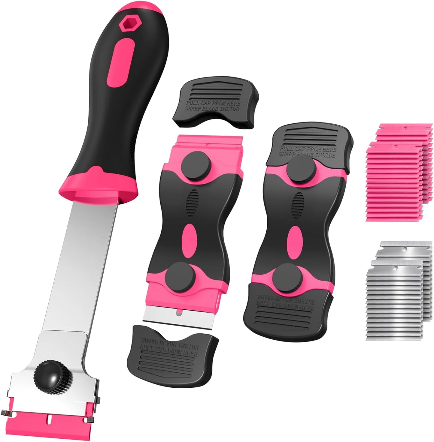 Ywmoml 3 Pack Razor Blade Scraper Set, Includes 30 Plastic & 30 Metal Blades, Multi-Purpose Tool for Glass, Cooktop, Sticker Removal, Paint & Gum Cleaning (Orange)