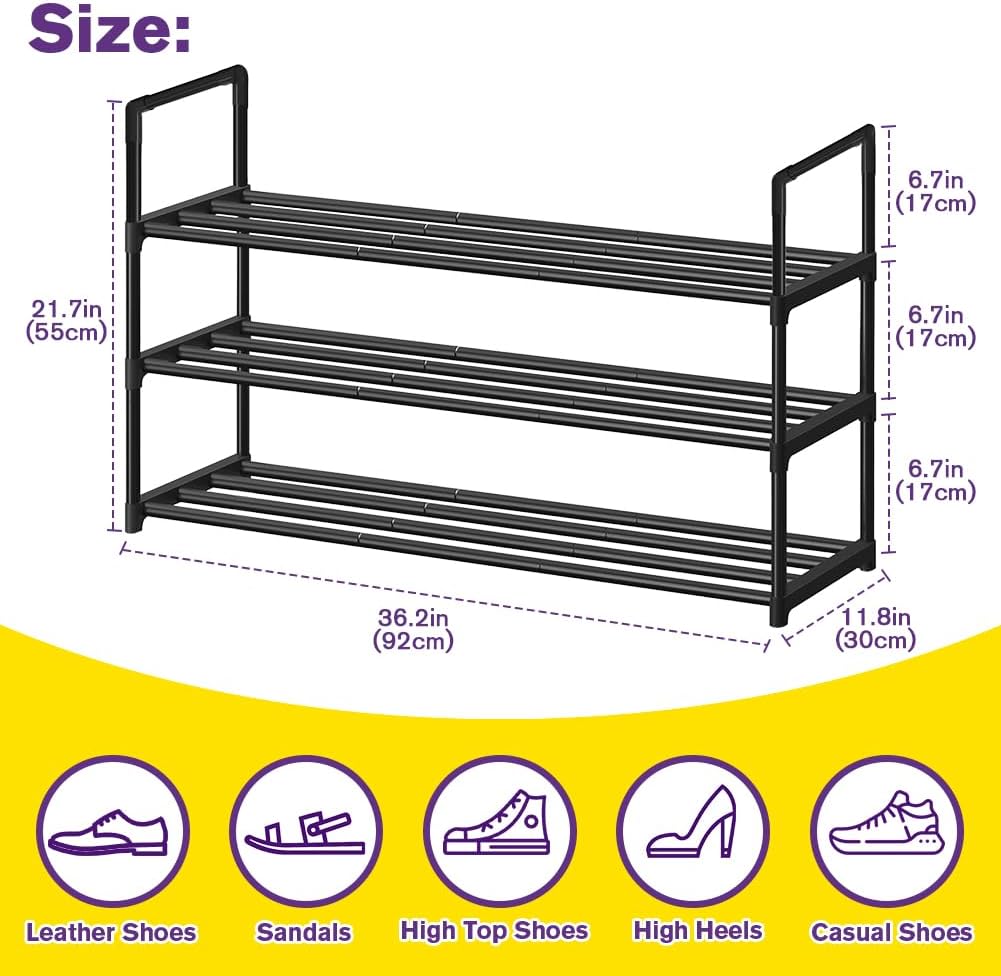 Shoe Rack - Metal Shoe Rack Organizer - Stackable Shoe Storage Shelf for Entryway, Closet, Bathroom 30cm(D) x 92cm(W) x 55cm(H) -Black (3-Tier)