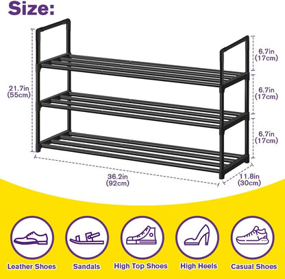 Shoe Rack - Metal Shoe Rack Organizer - Stackable Shoe Storage Shelf for Entryway, Closet, Bathroom 30cm(D) x 92cm(W) x 55cm(H) -Black (3-Tier)