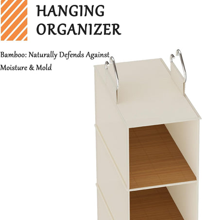 Hanging Shoe Organizer for Closet with 8 Shelves,Mesh Pockets-Wider Hanging Shelves for Shoes,Clothes,Hats with Sturdy Bamboo-Supported Design (Beige)