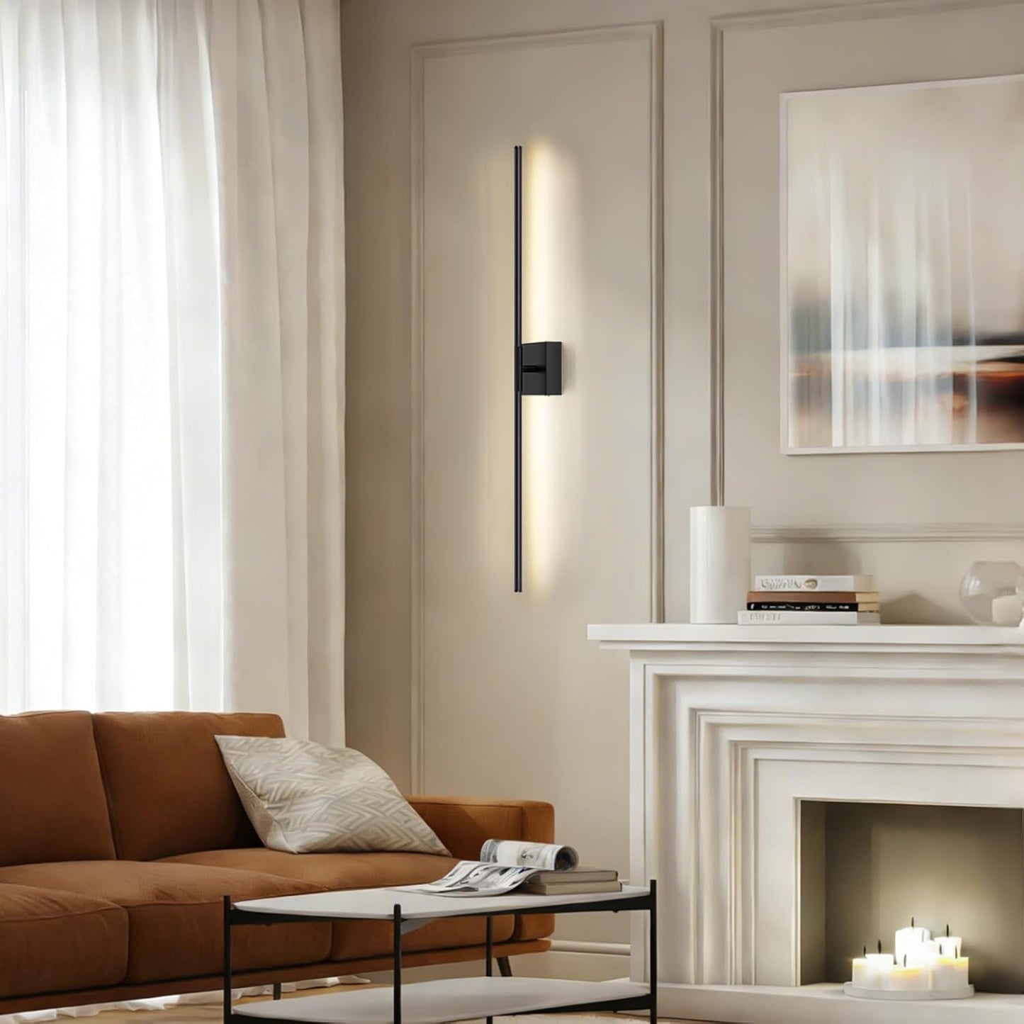 Battery Operated Wall Sconce Set of Two with Remote Control, 3000K-6000K Dimmable Black Wall Lights, Timable LED Wireless Wall Sconces, 350° Ratate for Bathroom, Living Room, Hallway 29.1 Inch