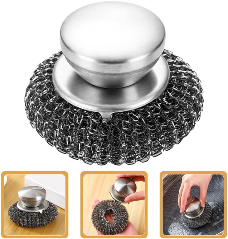 Stainless Steel Scrubber with Handle BBQ Grill Scrubber for Pots Pans and Dishes Non-Scratch Kitchen Metal for Tough Stains Scrubbing Tool 3.54X2.16X2.16In