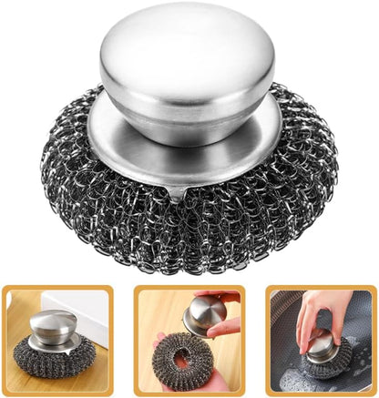 Stainless Steel Scrubber with Handle BBQ Grill Scrubber for Pots Pans and Dishes Non-Scratch Kitchen Metal for Tough Stains Scrubbing Tool 3.54X2.16X2.16In