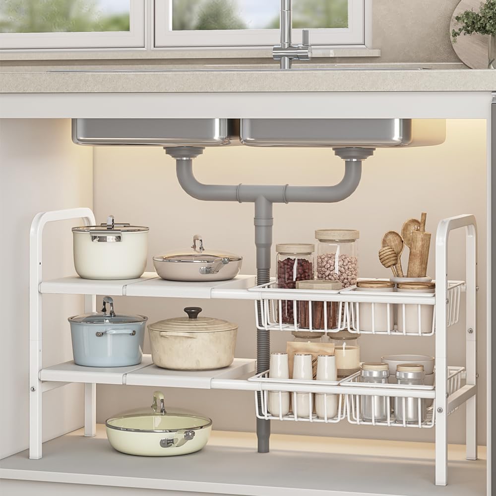Under Sink Organizer and Storage 2 Tier Expandable Shelves Kitchen Cabinet Crganizers with 4 Baskets and 4 Panels for Bathroom Counter shelf Pantry