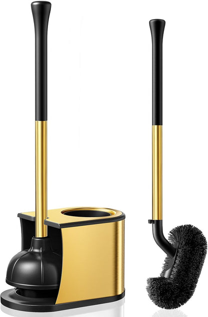 HAMITOR Toilet Plunger and Brush Set: 2 in 1 Stainless Steel Rustproof Combo with Deep Cleaning Curved Bristles - Heavy Duty Toilet Unclogging for Family Bathroom - Compact Apartment Accessories
