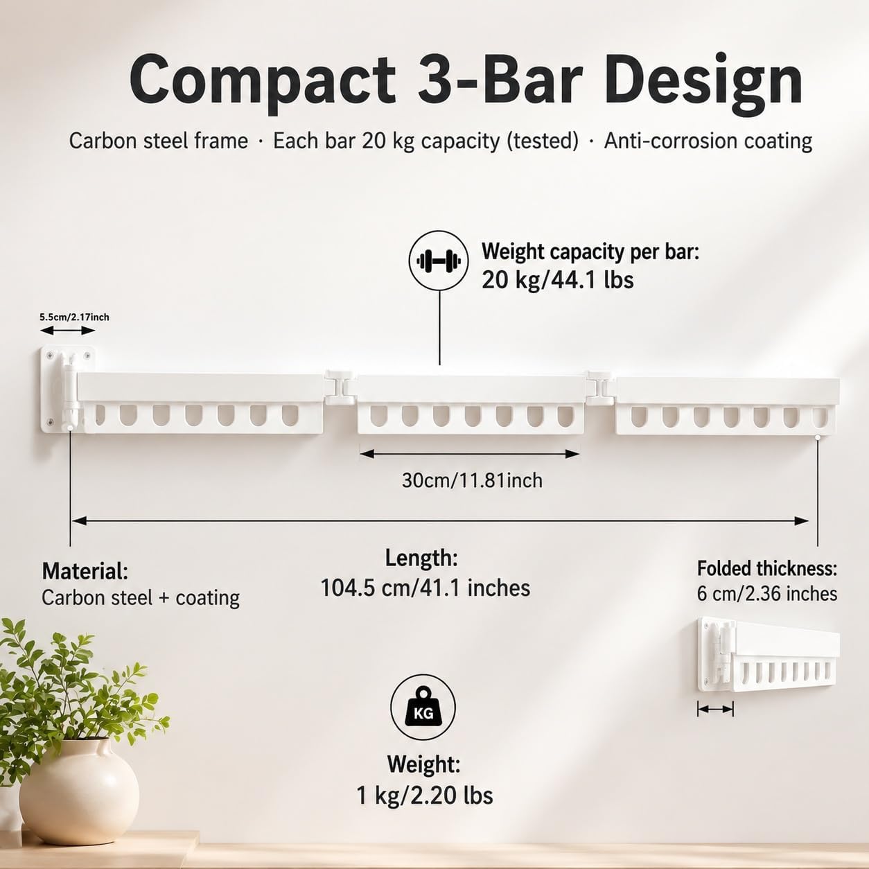 Wall Mount Laundry Drying Rack with 24 Hooks – Foldable 3-Bar Rustproof Steel Clothes Organizer, 360° Swivel Space-Saving Drying Station for Apartments, Laundry Rooms, Balconies & RVs