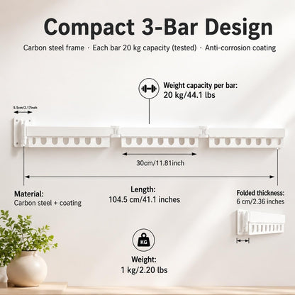 Wall Mount Laundry Drying Rack with 24 Hooks – Foldable 3-Bar Rustproof Steel Clothes Organizer, 360° Swivel Space-Saving Drying Station for Apartments, Laundry Rooms, Balconies & RVs