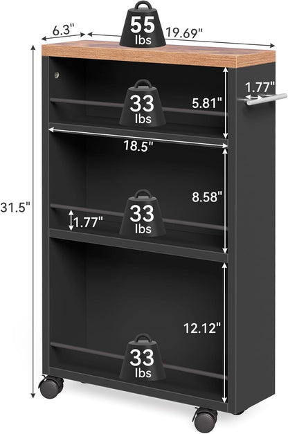 LITTLE TREE 4 Tier Rolling Cart with Wheels, 6.3 Inch Slim Storage Cart, Wooden Snack Cart with Narrow Shelf, White Laundry Room and Bathroom Organizer Shelves