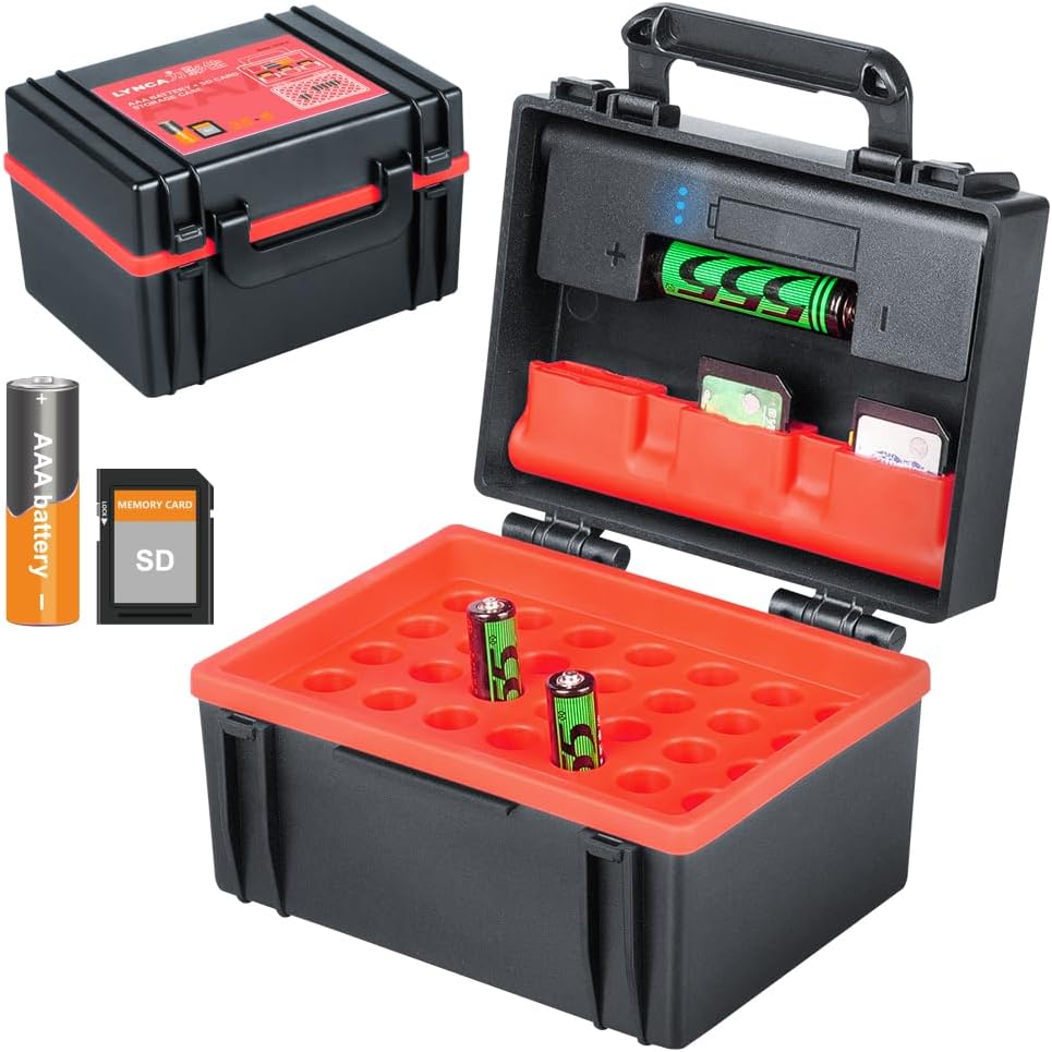 LYNCA Hard Battery Organizer Storage Box and SD Card Case Holder - Holds 6 SD Cards 20 AA Batteries and 15 AAA Batteries - with Built-in Battery Tester ("SD*6 AA Battery*20 AAA Battery*15")