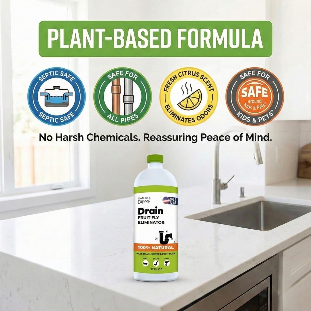 Nature’s Dome Drain Fly Killer Gel | Kills & Prevents Drain Flies & Fruit Flies | Natural Plant-Based Fly Killer Treatment Indoor for Sinks & Pipes | Safe for Septic Systems | 32 Oz