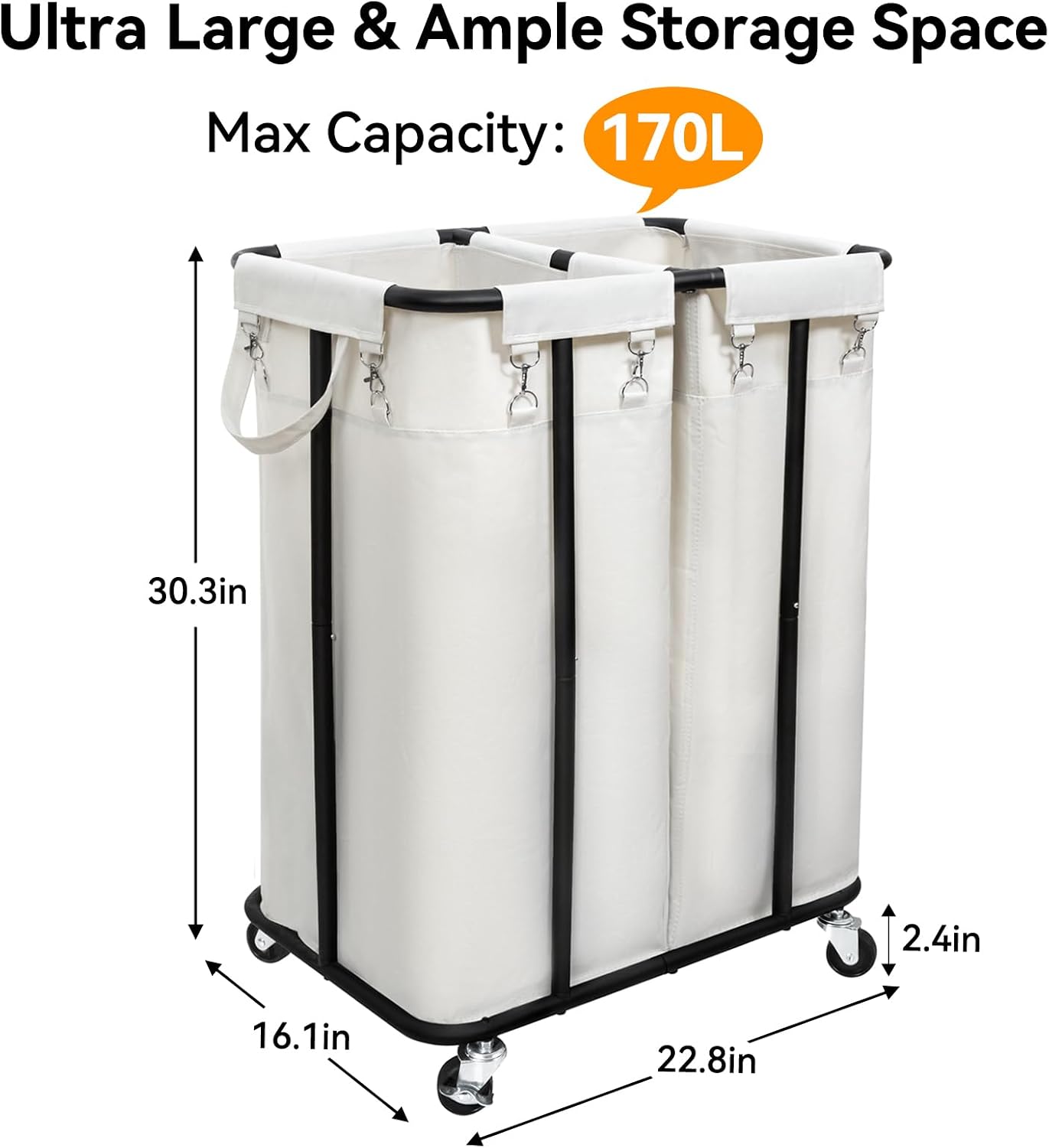 WOWLIVE Laundry Hamper with Wheels 260L Rolling Laundry Basket 3 Section Organizer Laundry Cart with Steel Frame and Removable Bags Large Dirty Clothes Hamper Dorm Room Storage for Bedroom