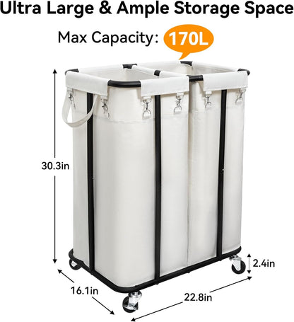 WOWLIVE Laundry Hamper with Wheels 260L Rolling Laundry Basket 3 Section Organizer Laundry Cart with Steel Frame and Removable Bags Large Dirty Clothes Hamper Dorm Room Storage for Bedroom