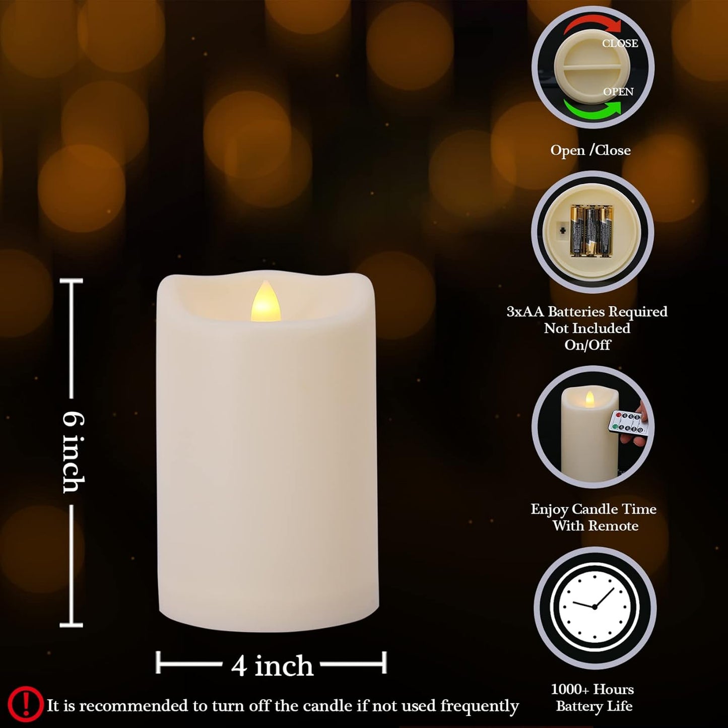 Flameless Flickering Candles with Remote and Timers, 1000 Hours Waterproof Outdoor Indoor Battery Operated LED Pillar Candles, Ivory Plastic, Set of 3(D 3" x H 4" 5" 6")
