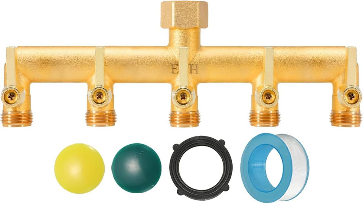 EBH Brass Garden Hose Splitter, 3 Way High Flow Outdoor Faucet Splitter,Full Flow 3-Way Brass Heavy Duty Hose Splitter With 3 Long Metal Handle and Individual On/Off Valve。
