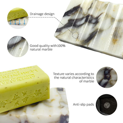 WeDoDecor Real Marble Soap Dish for Shower Stone Tray Small Bar Soap Holder with Self Draining | Non-Slip, Luxury Bath Room Accessories (White)