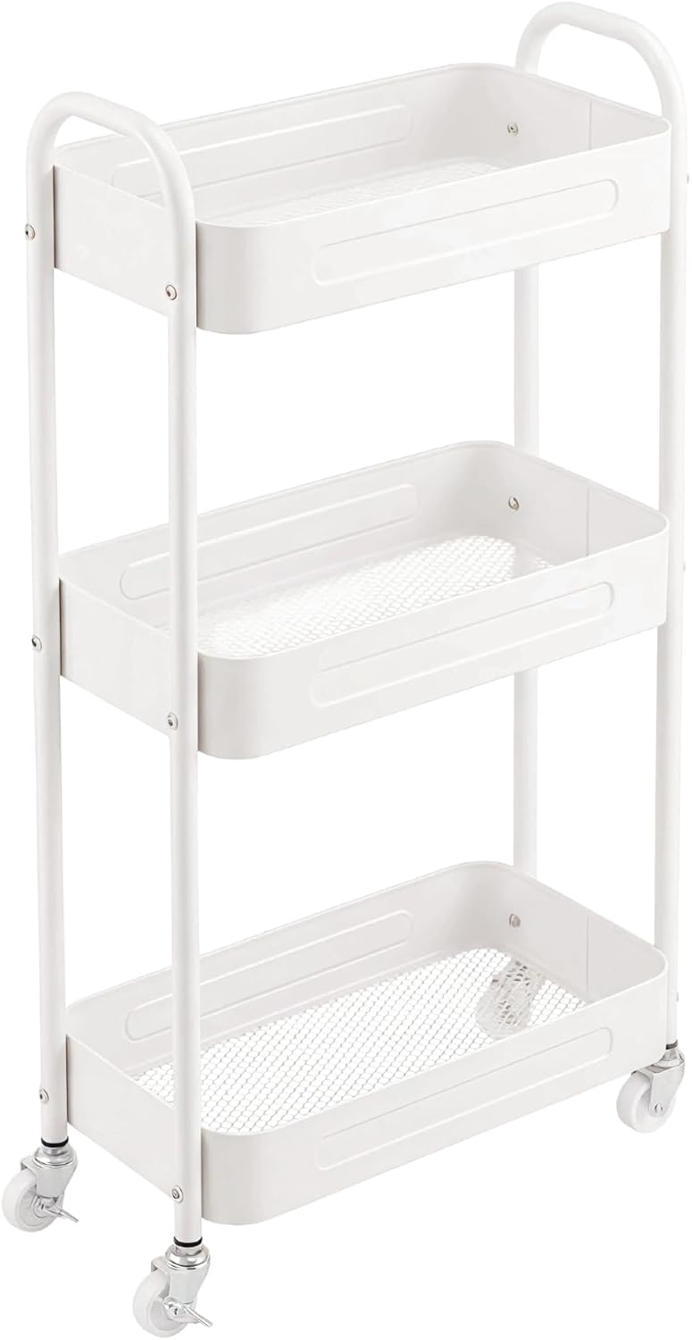 3 Tier Slim Metal Rolling Storage Cart for Laundry Room & Kitchen Organizer, 7.1'' Thin Standing Shelf for Narrow Spaces, Utility Cart with Wheels & Lockable Casters for Bathroom, Black