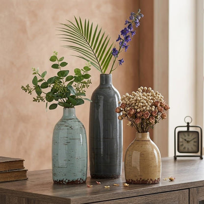 Ceramic Vase Set of 3, Small Flower Neutral Vases Home Decor, Pottery Rustic Farmhouse Decorative Vases, Modern Decor for Table Mantel Entryway Bookshelf Living Room Kitchen Bedroom