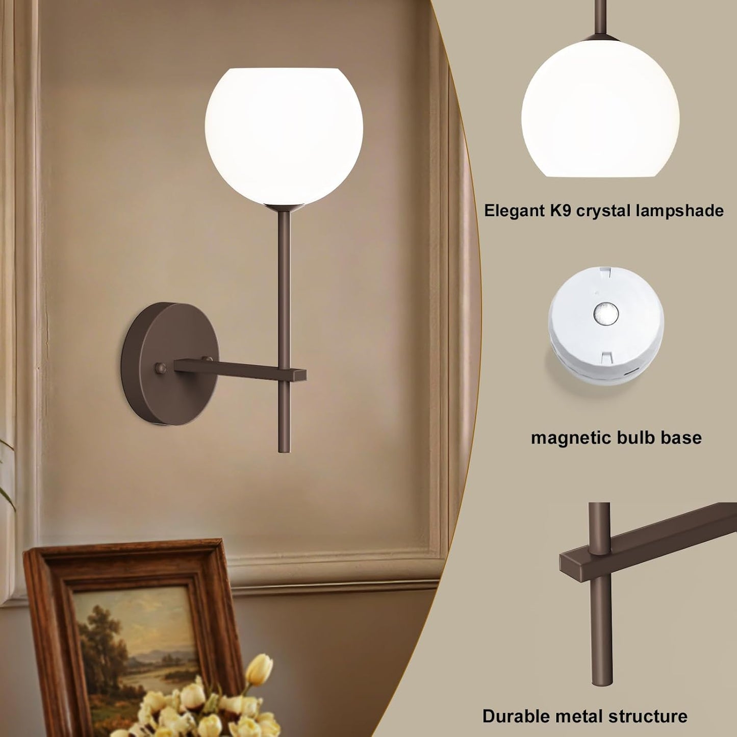 Brass Battery Operated Wall Sconces Set of 2, Rechargeable Wireless Wall Lights with Milky White Frosted Glass, 12 RGB and 3CCT Dimmable, Wall Lamps with Remote for Bedroom Living Room Hallway