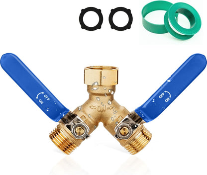 Garden Water Hose Splitter - RV Water Splitter 2 Way Heavy Duty Brass Spigot Hose Splitter - Outdoor Y Hose Bib 2 Valves with 2 Extra Rubber Washers for 3/4" Hose Connector (Blue)