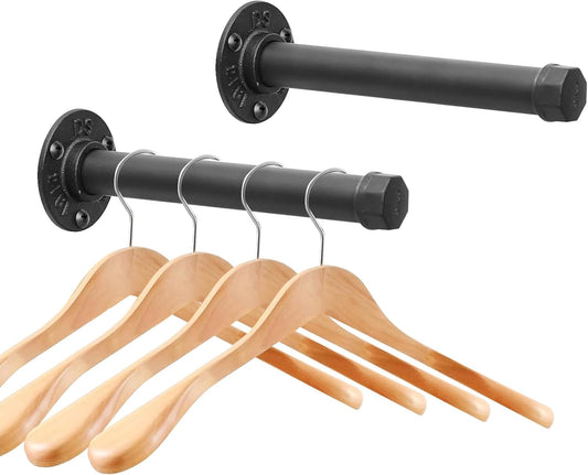 Cast Iron Wall Mounted Clothes Rack, Heavy Duty Industrial Pipe Clothing Rack for Hanging Clothes, Garment Racks for Wardrobe Organizers and Storage, DIY Closet Rods Closet Bar (Black 2 Pack, 12 in)