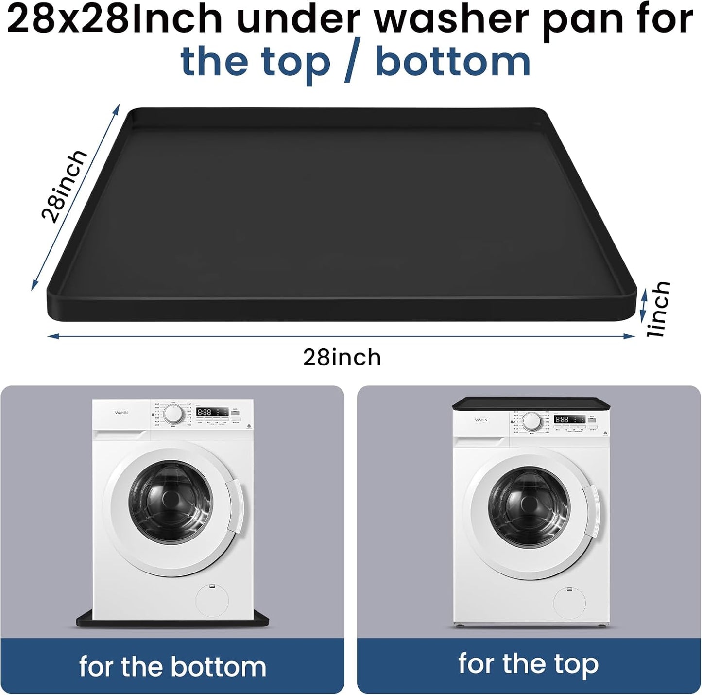 28x28 Large Thickened Silicone Washing Machine Drain Pan | 1" Raised Edge Washing Machine Tray, Non-Slip Washing Machine Pan for Under Washer and Dryer (Black)
