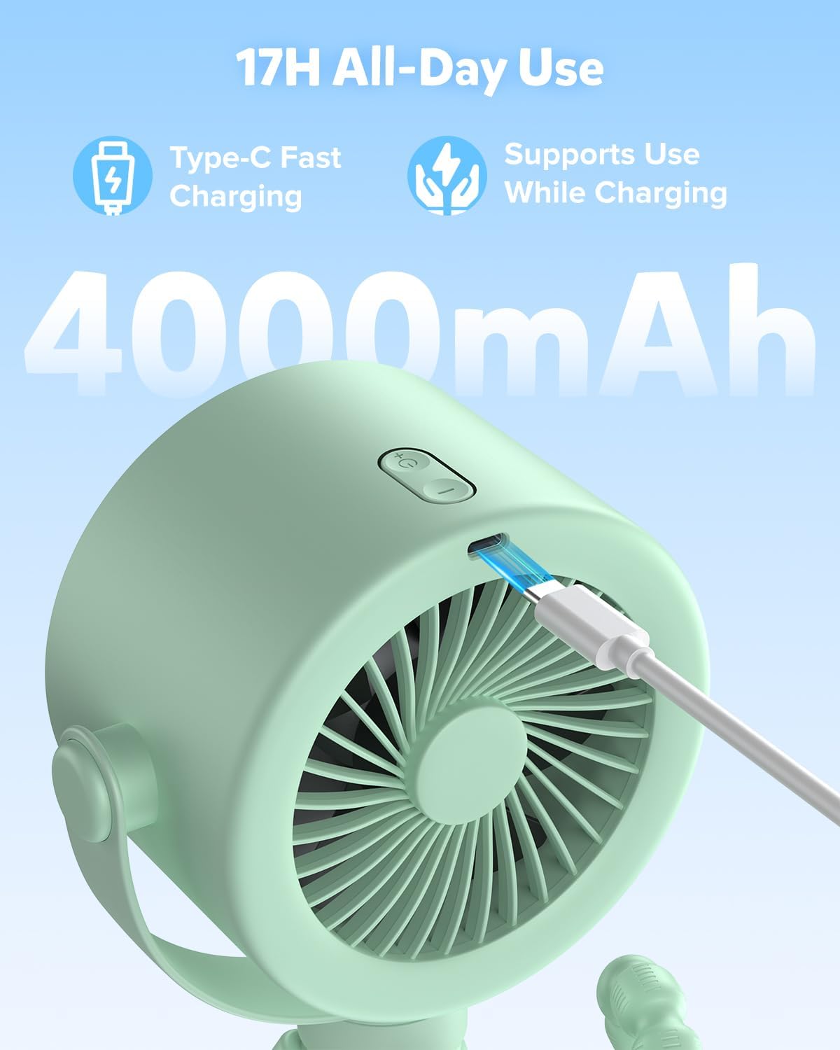AMACOOL Baby Stroller Fan, Rechargeable Portable Clip on Fan, 17H Cooling with 5 Speeds, LED Display, 360°Rotate Personal Cooling Fans for Car Seat, Crib, Travel, Camping, Gifts for New Parents