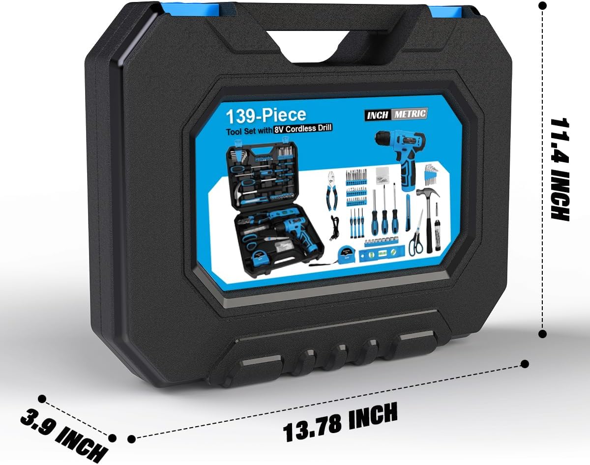 139-Piece Tool Set - Tool Kit with 8V Cordless Drill Driver in ToolBox Storage Case, General Household Drill Set for Home Repairs, Handyman, DIY Projects