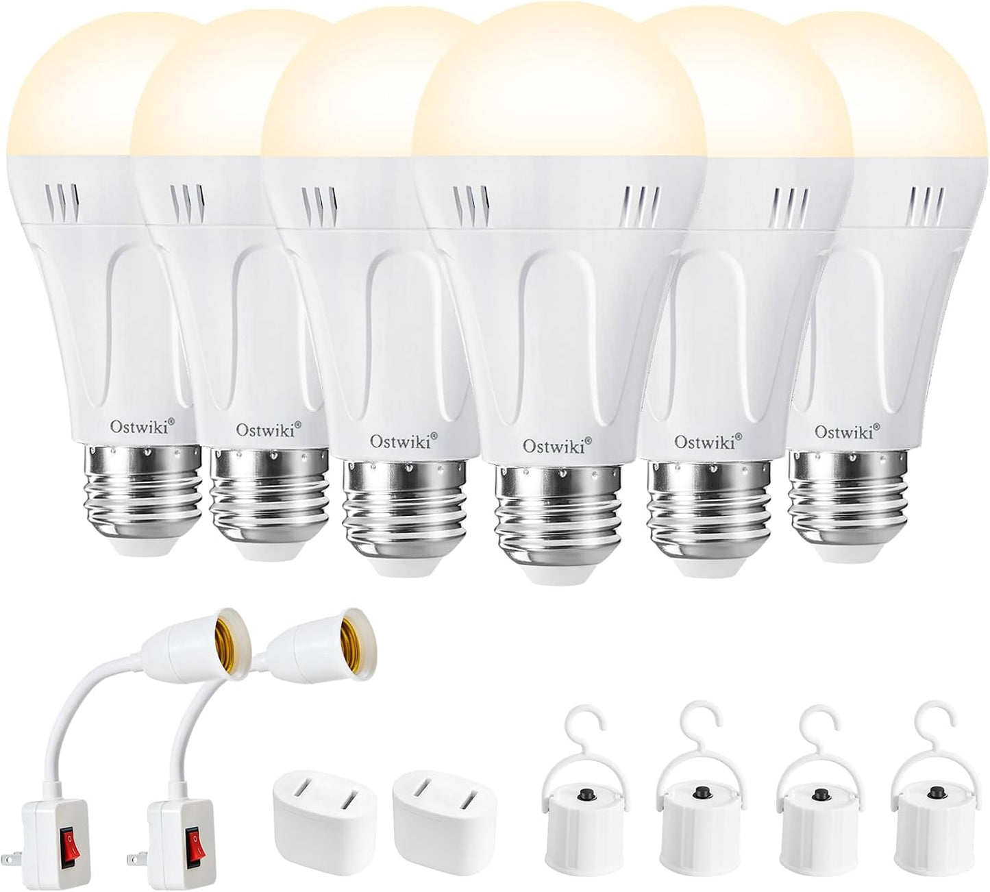 Ostwiki Rechargeable Light Bulbs,2 Pack Emergenecy Light Bulbs for Power Outage A19 E26 9W 6500K White Battery Backup Soft Light Bulb for Lamps Home Power Failure Hurricane,Blizzard