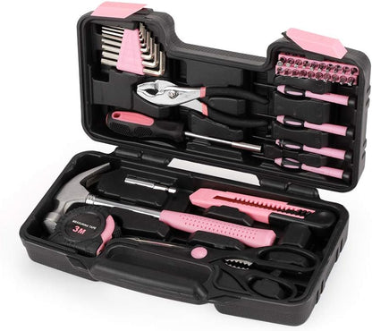 39-Piece General Tool Set-Essential Household Hand Tool Kit with Portable Toolbox Storage Case（Pink）