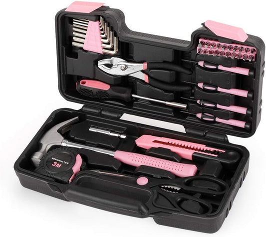 39-Piece General Tool Set-Essential Household Hand Tool Kit with Portable Toolbox Storage Case（Pink）