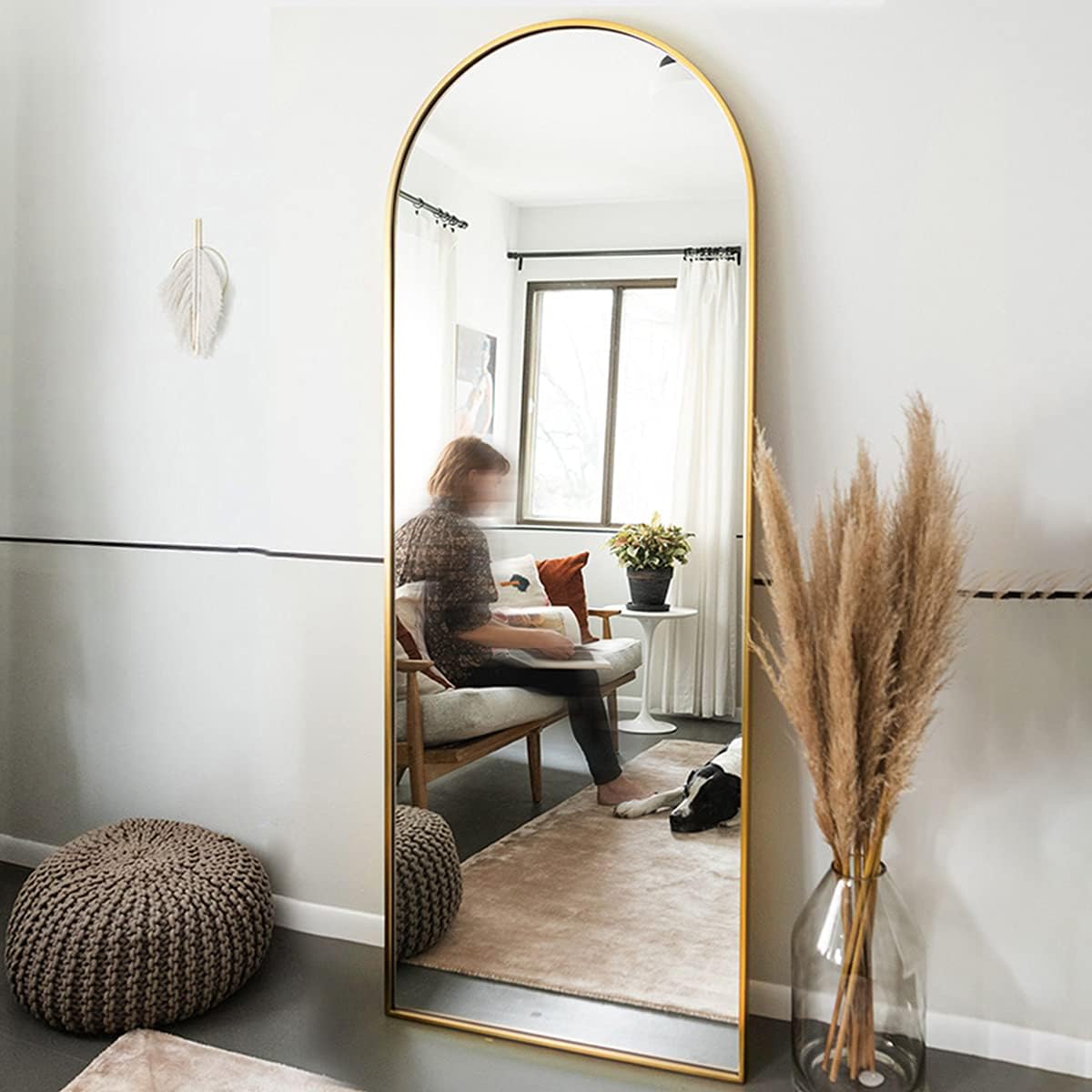 OGCAU Floor Full Length Mirror, 56"x20" Arched Full Body Mirror, Hanging or Leaning, Standing, Wall Mounted with Aluminum Frame for Bedroom Living Room, White