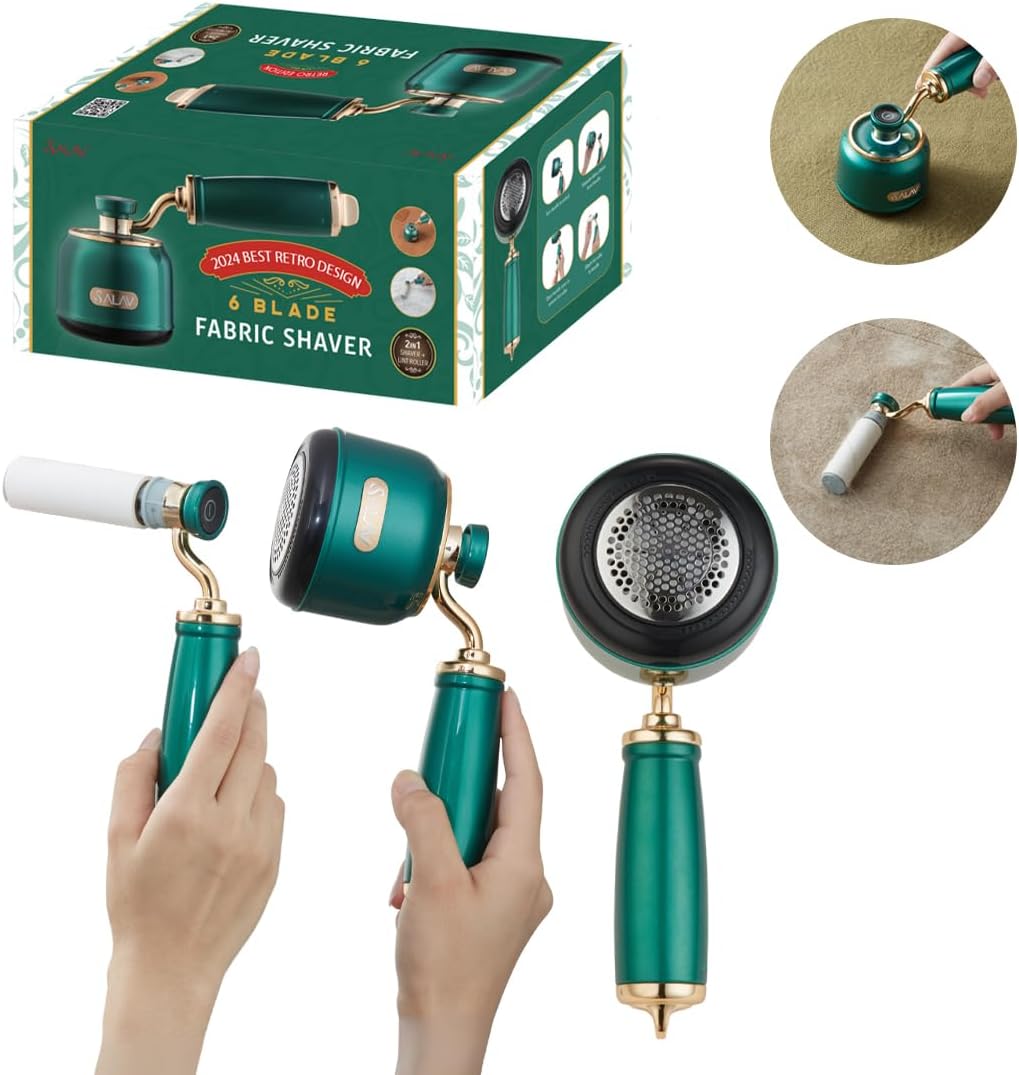 SALAV® Retro Edition 2-in-1 Rechargeable Fabric Shaver and Lint Roller, 6-Blade System, Removes Fuzz and Pilling on Fabrics, Includes Charging Cable (Rose)