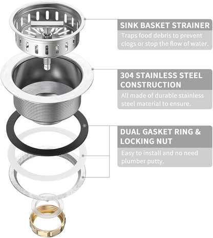 KONE 3-1/2 Inch Kitchen Sink Drain Strainer Assembly Made by All Stainless Steel with Strainer Basket/Drain Stopper, Replacement for Standard Commercial Drains