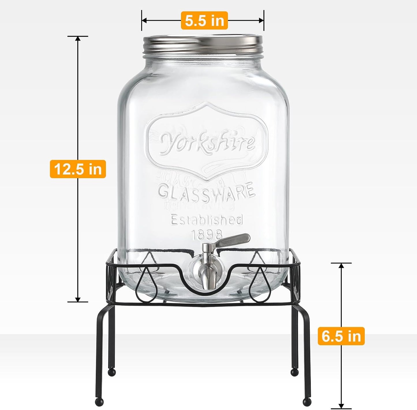 2 Gallon Glass Beverage Dispenser, 18/8 Stainless Steel Spigot and Lid - Glass Drink Dispensers for Parties - Mason Jar Drink Dispensers with Lids - Laundry Detergent Holder