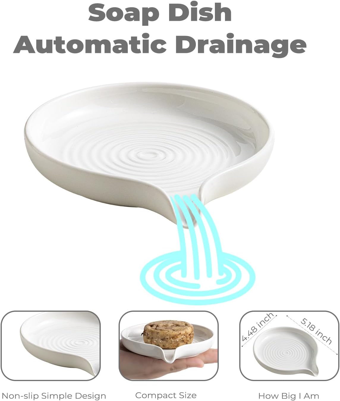 Self Draining Soap Dish, Ceramic Drain Soap Holder Waterfall Design Soap Saver for Shower, Bathroom, Sink, Kitchen and Countertop, Keeps Dry, Green