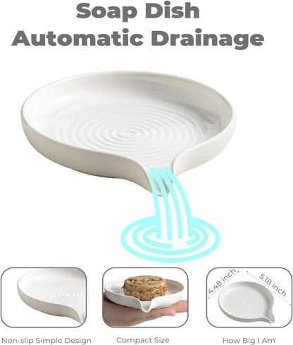 Self Draining Soap Dish, Ceramic Drain Soap Holder Waterfall Design Soap Saver for Shower, Bathroom, Sink, Kitchen and Countertop, Keeps Dry, Green