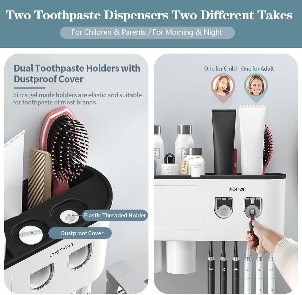Toothbrush Holders for Bathrooms Wall Mounted, 6 Slot Toothbrush Holder with 2 Automatic Toothpaste Dispensers, 2 Magnetic Cups, Large Capacity Bathroom Organizer, Wall Storage with Drawer