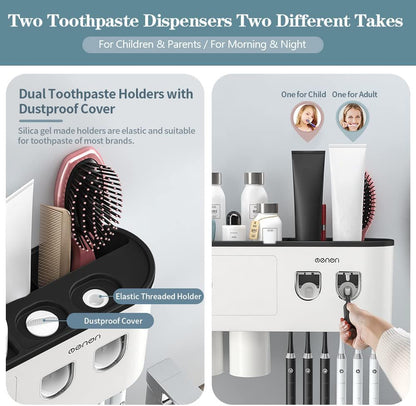Toothbrush Holders for Bathrooms Wall Mounted, 6 Slot Toothbrush Holder with 2 Automatic Toothpaste Dispensers, 2 Magnetic Cups, Large Capacity Bathroom Organizer, Wall Storage with Drawer