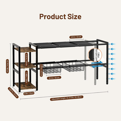 Housolution Expandable Under Sink Cabinet Organizer Rack and Storage Shelf | 24"-37.8" Expandable Length, 3-Tier Side Wooden Shelves, Height Adjustable for Kitchen Bathroom