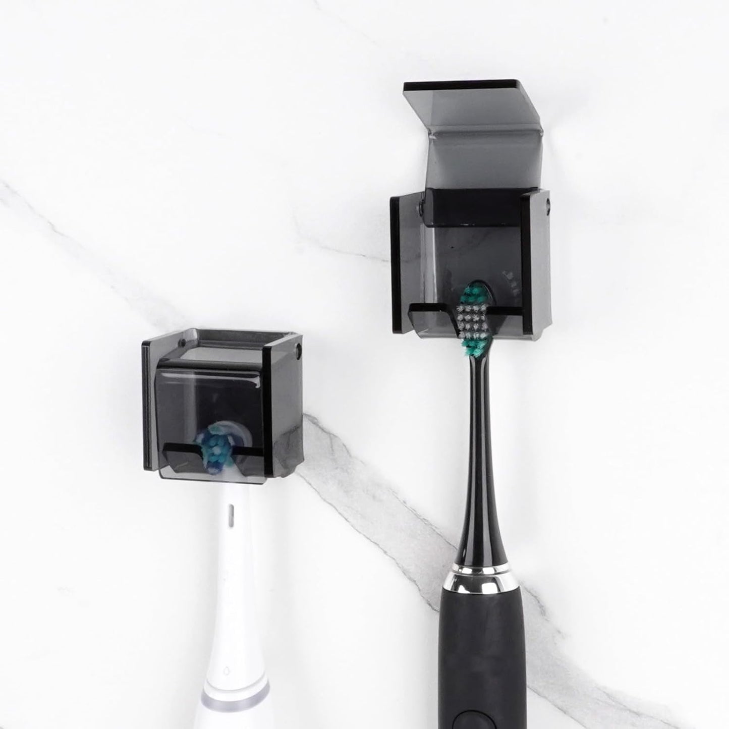 2 PCS Toothbrush Holder Wall Mounted with Cover for Bathroom, Self Adhesive Toothbrush Storage Organizer for Shower, Mini Toothbrush Hanger Rack for Dorm, Cabinet (Black)