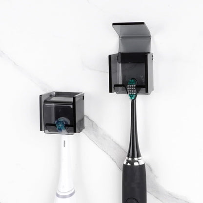 2 PCS Toothbrush Holder Wall Mounted with Cover for Bathroom, Self Adhesive Toothbrush Storage Organizer for Shower, Mini Toothbrush Hanger Rack for Dorm, Cabinet (Black)