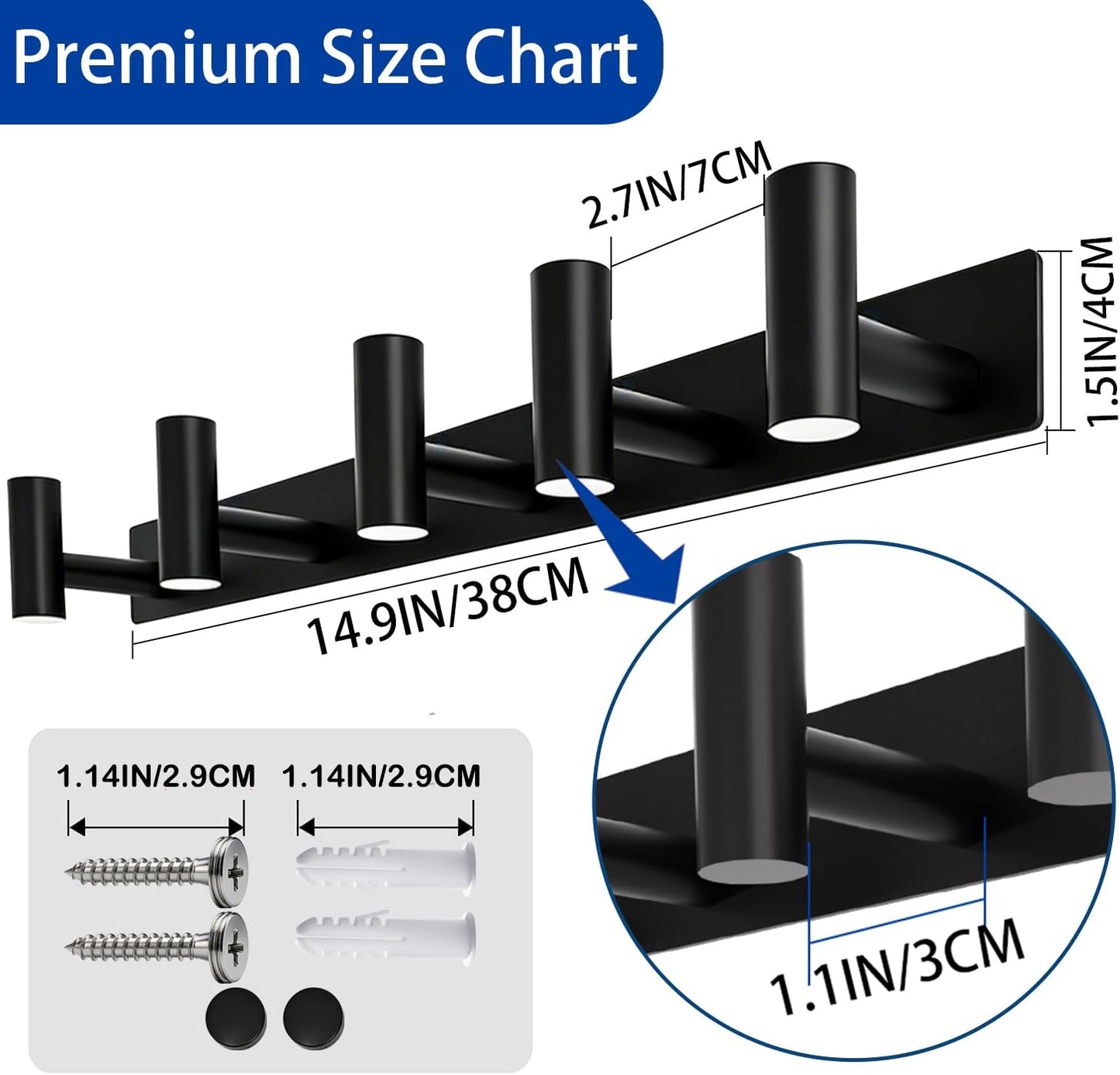 Matte Black Coat Rack Wall Mount - 6 Hooks, Heavy Duty Stainless Steel Wall Hooks for Towels, Coats, Robes, Bags, Hats, Keys, Wall Coat Hanger for Bathroom, Entryway, Kitchen, Hotel, Bedroom, Office