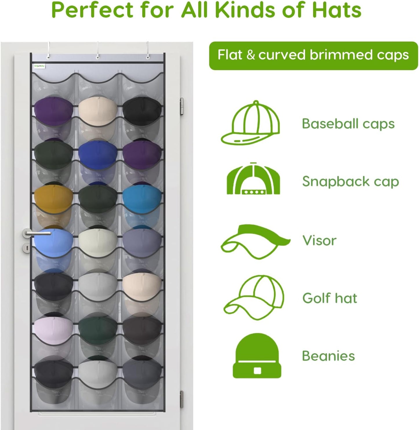 Baseball Hat Rack, 24 Pocket Over-The-Door Hat Organizer with Clear Deep Pockets to Display Baseball Caps Collection, Complete with 3 Over Door Hooks (Black, 24 Pockets)