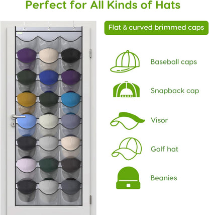 Baseball Hat Rack, 24 Pocket Over-The-Door Hat Organizer with Clear Deep Pockets to Display Baseball Caps Collection, Complete with 3 Over Door Hooks (Black, 24 Pockets)