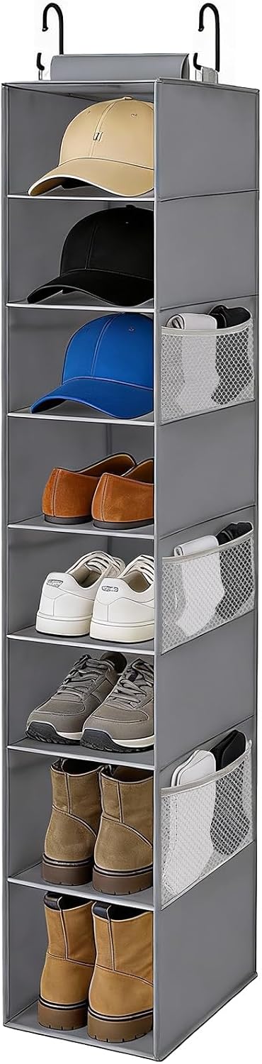 Hanging Shoe Organizer for Closet with 8 Shelves,Mesh Pockets-Wider Hanging Shelves for Shoes,Clothes,Hats with Sturdy Bamboo-Supported Design (Beige)