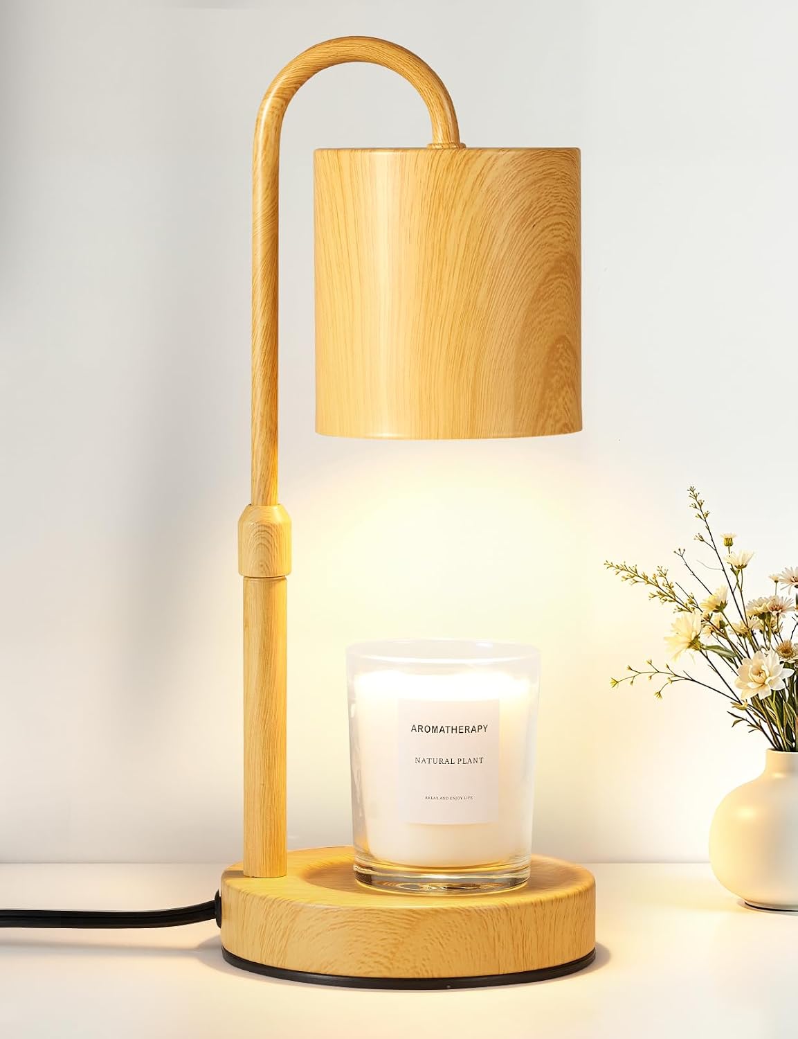 Briever Dimmable Candle Warmer Lamp with Timer, Height Adjustable Electric Candle Wax Warmer, Christmas Birthday Gifts for Women Mom, House Warming Gifts New Home Room Decor, Walnut Solid Wood Base