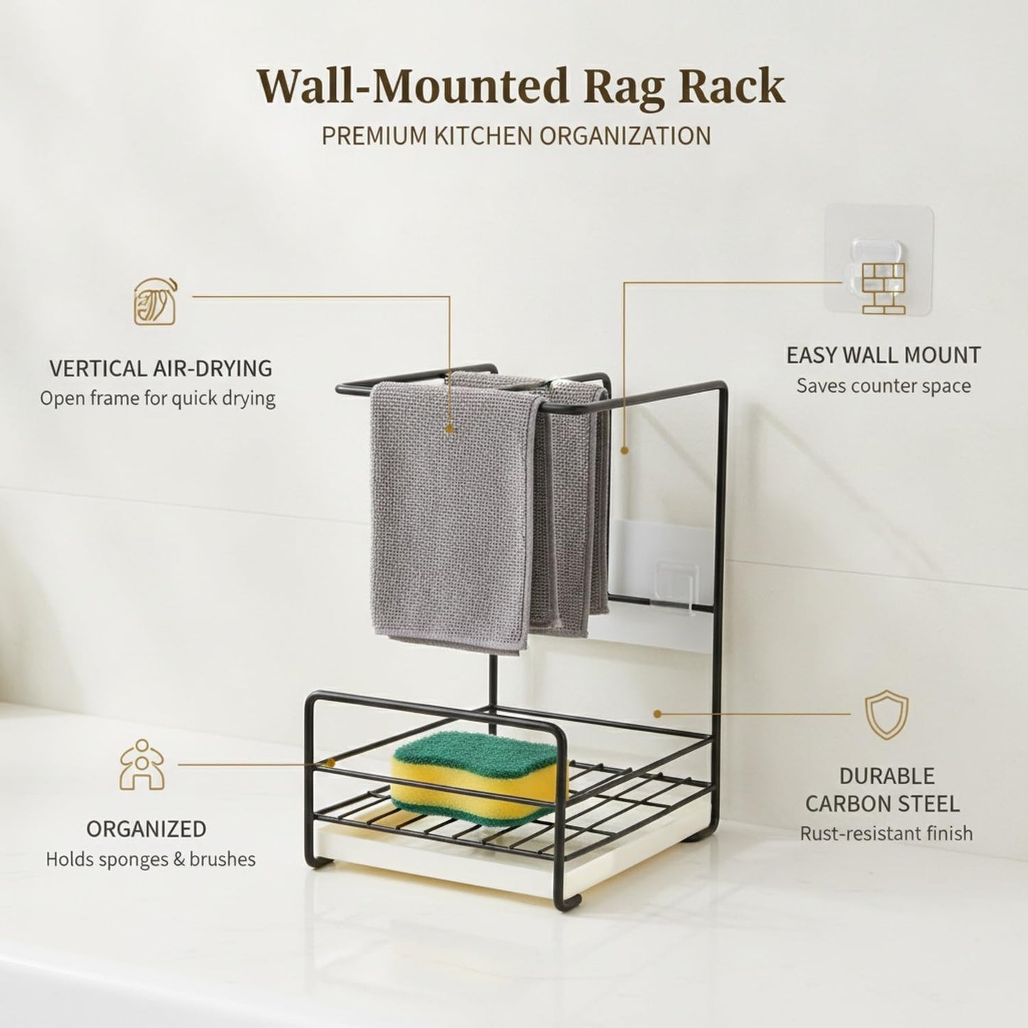 Wall-Mounted Kitchen Rag Rack, Carbon Steel Sponge & Cloth Holder for Sink Side Organization, Space-Saving Drying Rack (Black/White)